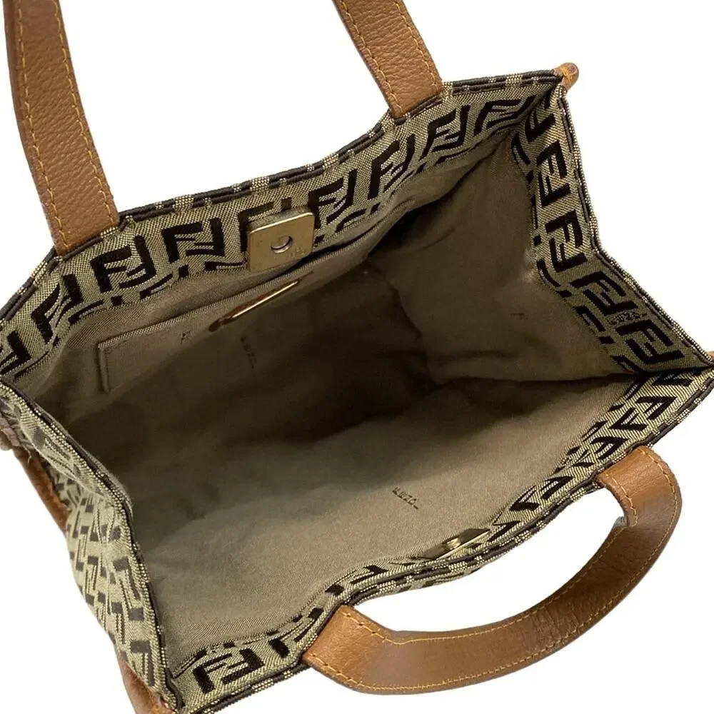 Fendi Zucchino Tote Bag 8BH170 Dark Brown Beige Brown Jacquard Leather Women's
